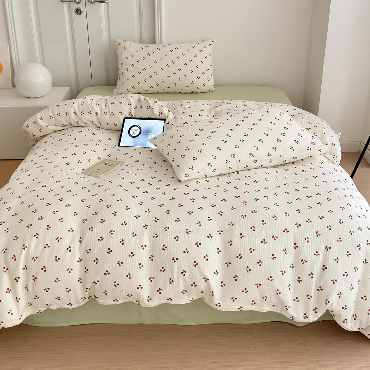 AShanlan Biancheria da letto per bambini 135x200 in mussola di cotone, biancheria da letto per bambini ragazze 135 x 200 cm + federa 40x80 cm, motivo ciliegie rosse, certificato Oeko-TEX, copripiumino