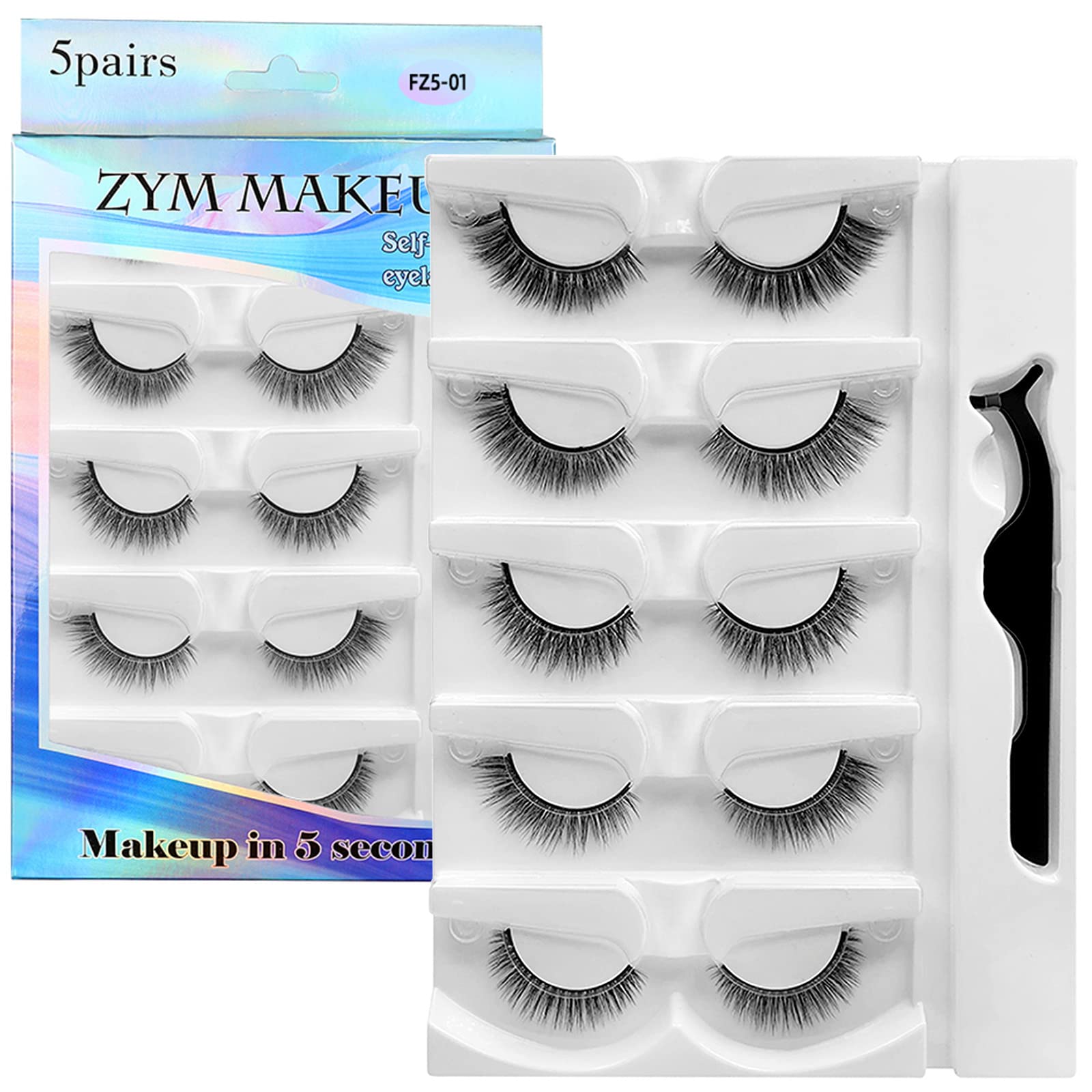 Self Adhesive Eyelashes Natural Look False Eyelashes Reusable Self Stick Lashes No Glue Needed 5 Pairs Waterproof Lashes Mixed (Black)