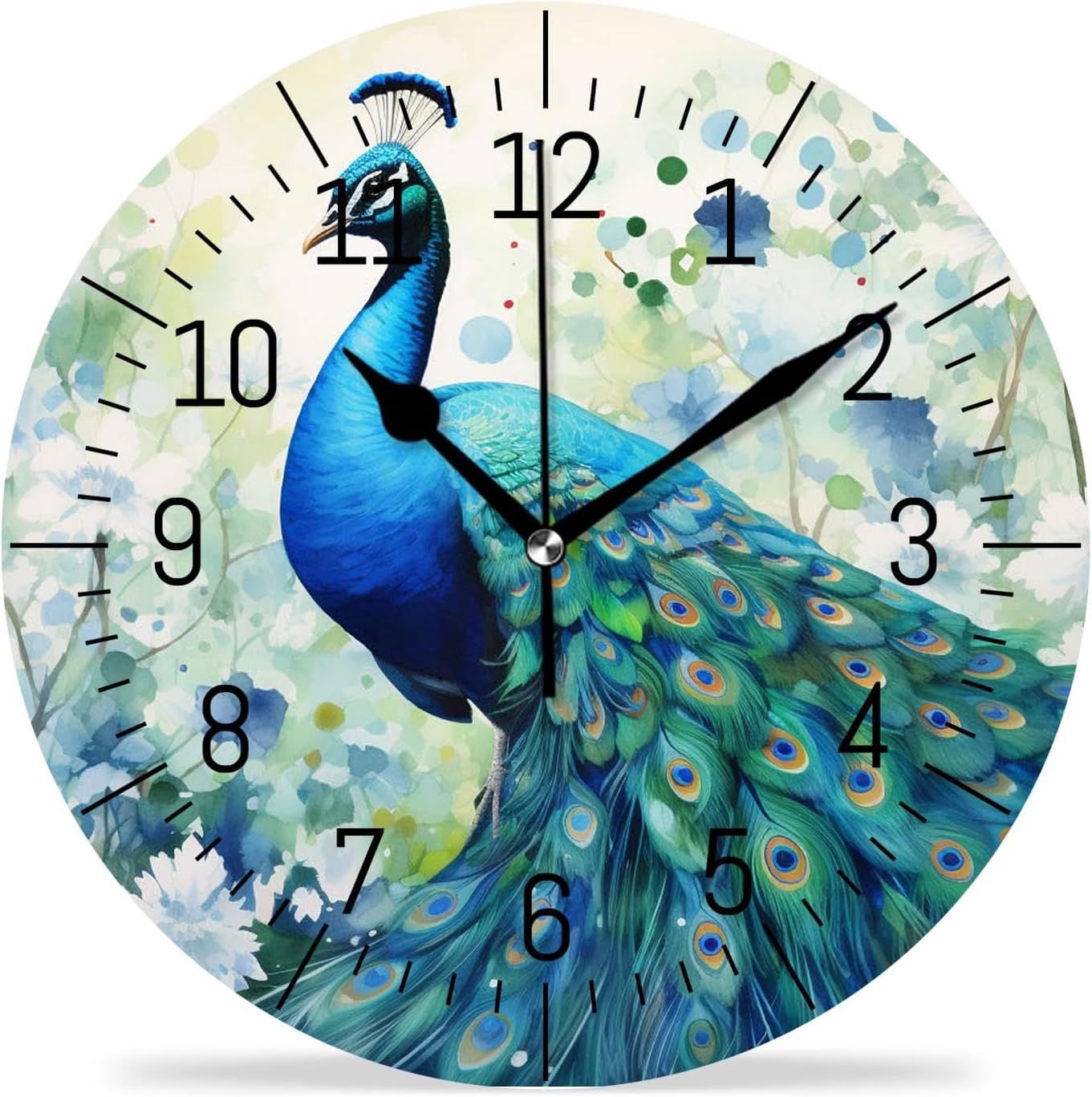 12 Inch Wall Clock Battery Operated Silent Clocks Wall Decor for Office, Kitchen, Living Room，Drawing Peacock Watercolor Cute Drawing