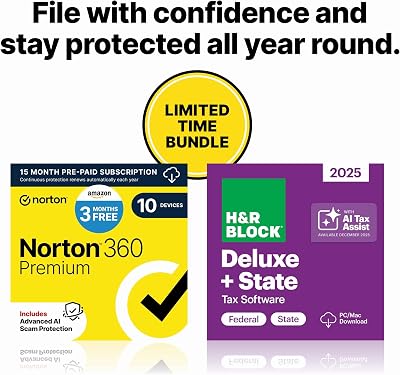 H&R Block Tax Software Deluxe + State 2025 with Norton 360 Premium 2026 Ready Antivirus (10 Devices) Digital Bundle