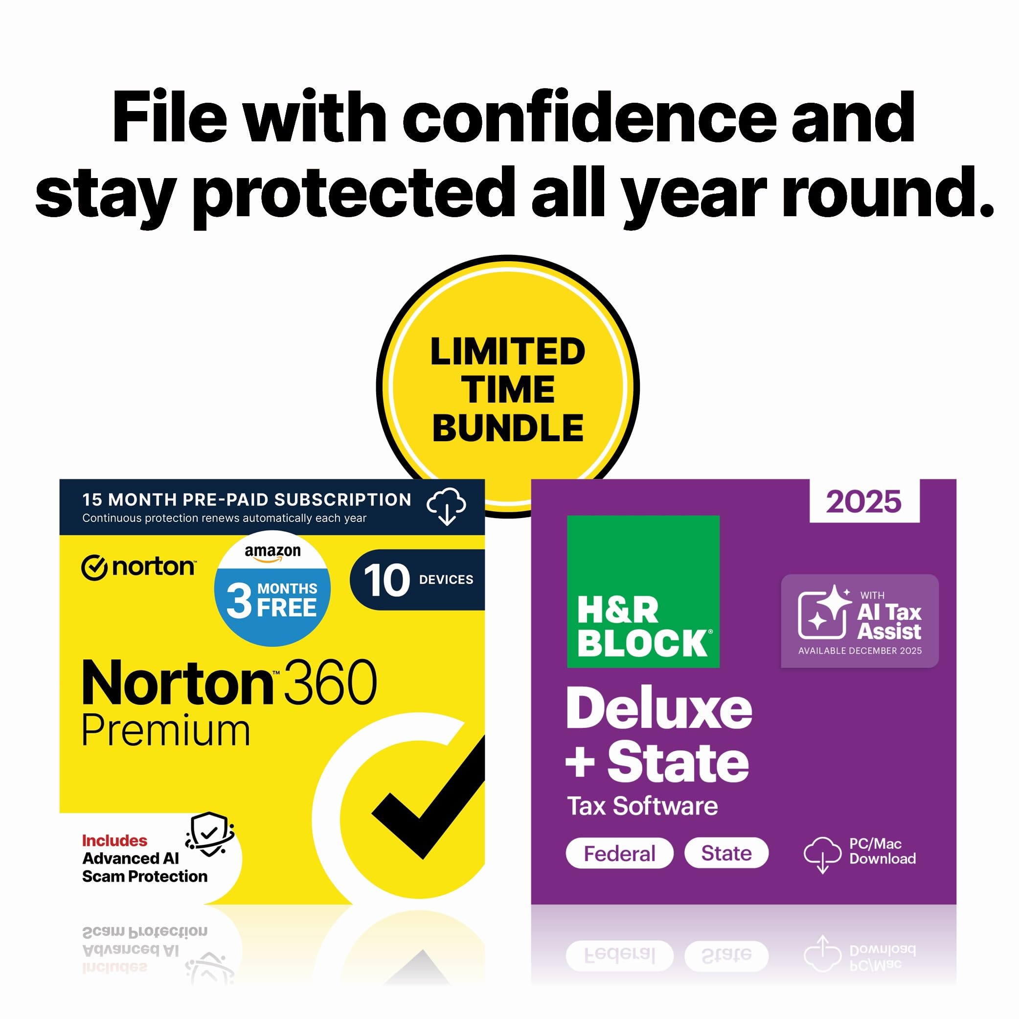 H&amp;R Block Tax Software Deluxe + State 2025 with Norton 360 Premium 2026 Ready Antivirus (10 Devices) Digital Bundle