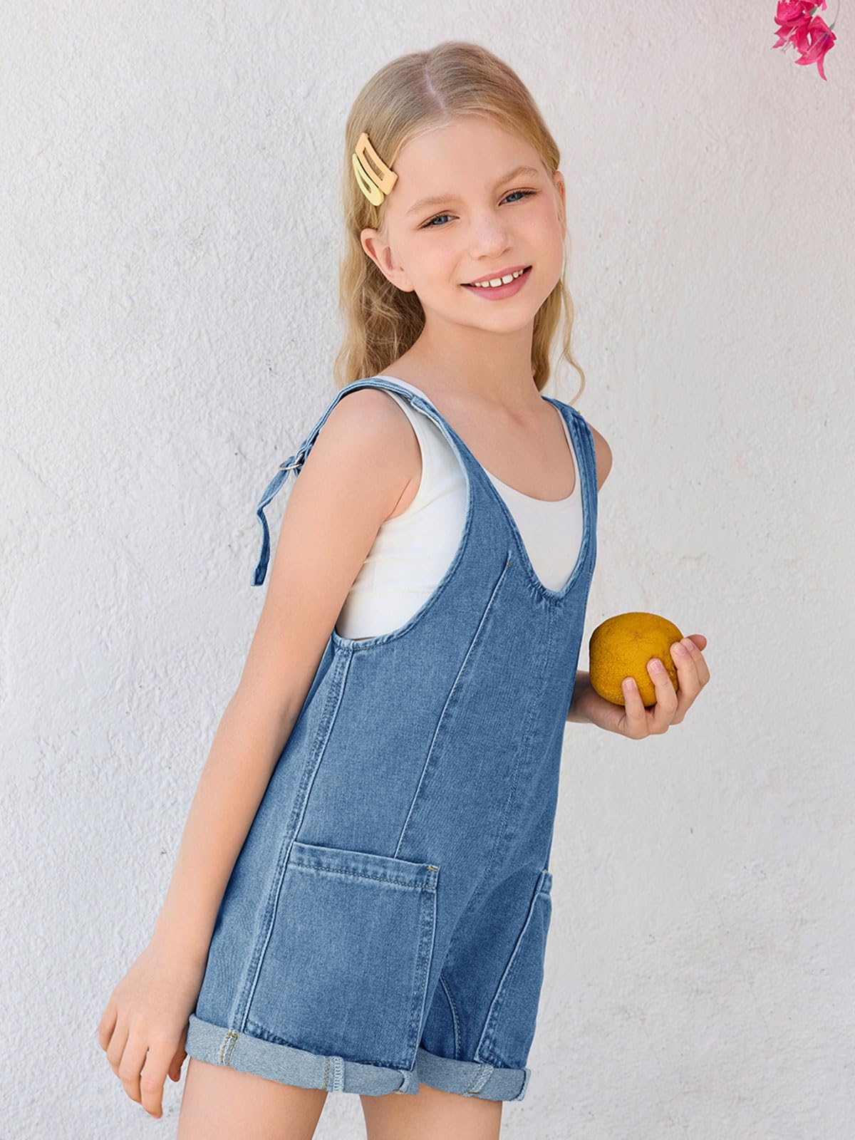 Haloumoning Overol de mezclilla para niñas, pantalones cortos de verano con tirantes ajustables, pantalones cortos de mezclilla para 5 a 14 años