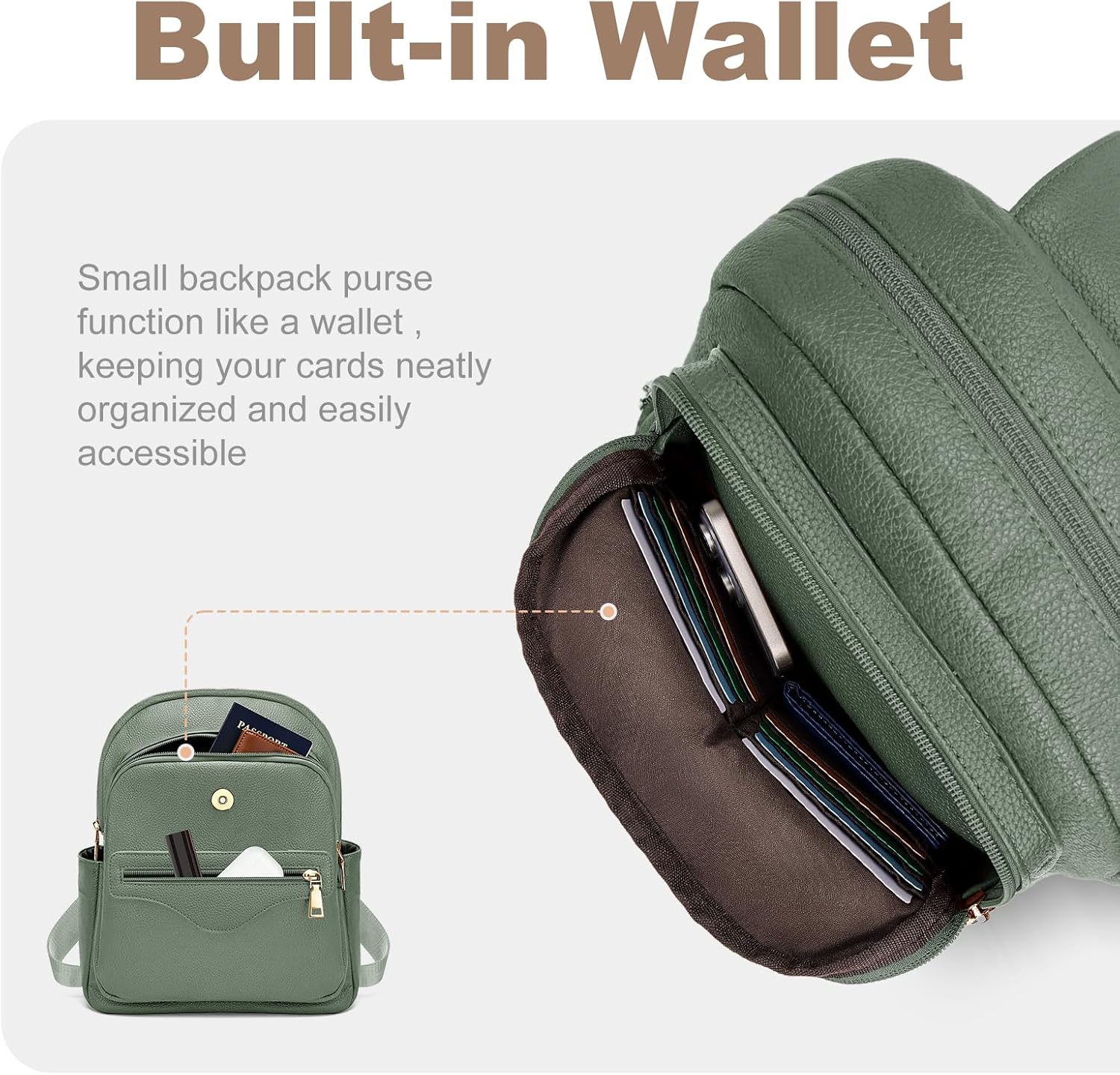 SYTRAH Mini Backpack Purse for Women, Causal Small Backpack with Built-in RFID Wallet & 11" Tablet Sleeve, Stylish Travel Daypack for Daily Green