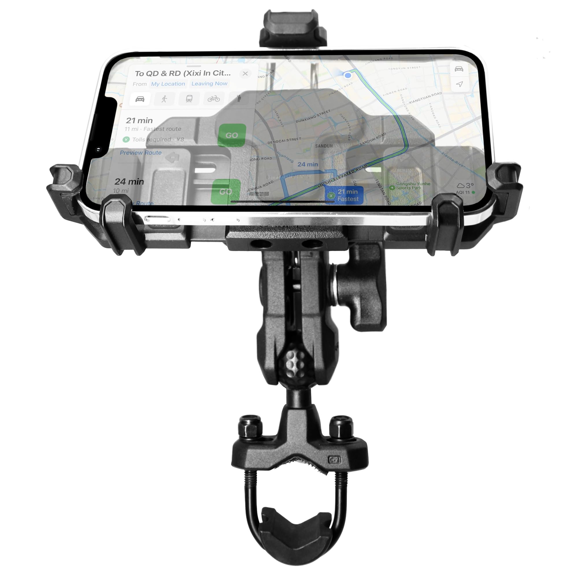 WINDFRD Vibration Dampening Motorcycle Phone Mount with Action Camera Adapter, Bike/ATV Phone Holder with Aluminum Handlebar U-Bolt Base, Fits iPhone 15 Pro Max/14/13, Galaxy S23+/23 and More