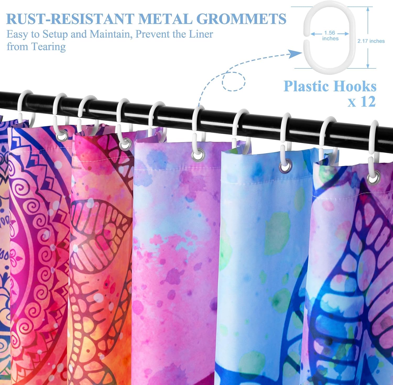Lokigo Extra Long Shower Curtain Mandala Flowers 72"x84", Boho Colorful Floral Shower Curtains Set for Bathroom Decor, Waterproof Fabric Shower Curtains with 12 Hooks