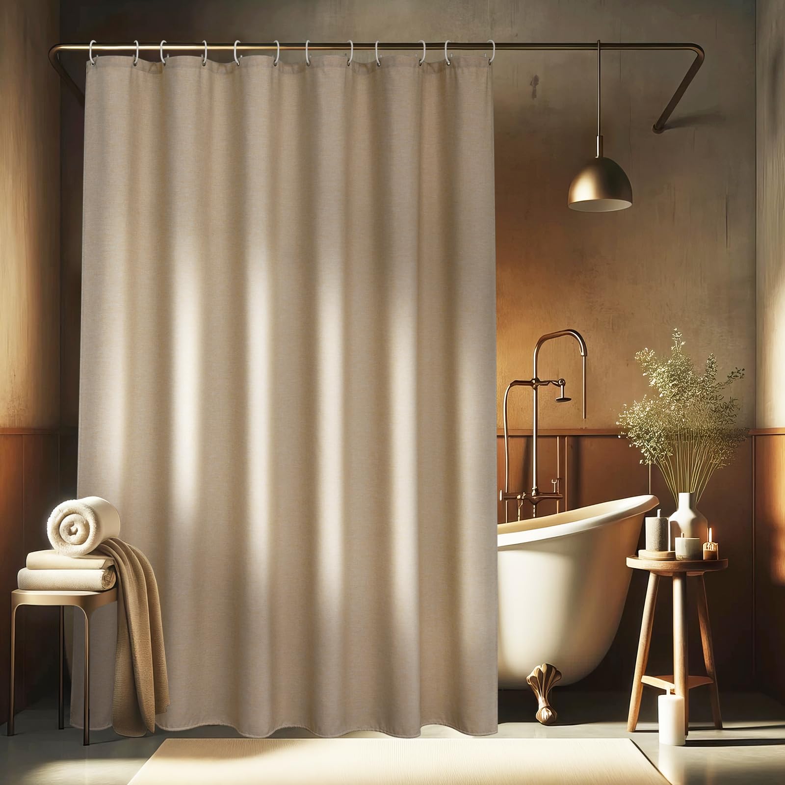 EurCross Tenda da doccia extra lunga, in lino testurizzato, lunghezza 220 cm, marrone chiaro, impermeabile, per hotel, lussuosa, antimuffa, lavabile, 180 x 220 cm, con 12 anelli