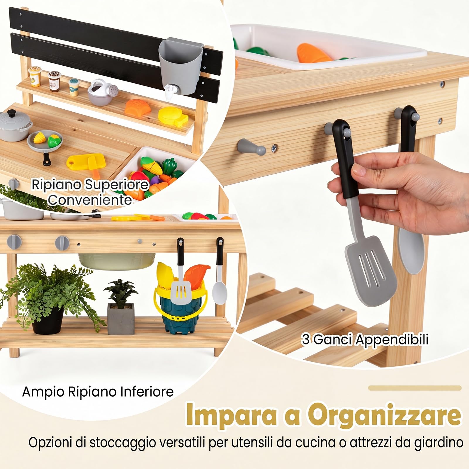 COSTWAY Cucina Giocattolo in Legno Massello per Bambini 3+ Anni, Cucinetta da Esterno per Giocare Sabbia, Acqua, Gioco Montessori con Piano Allungabile, Lavagna, Vari Utensili e Spazio di Stoccaggio