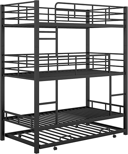 Miniatura 120 de Litera en forma de L individual sobre cama matrimonial adjunta, litera triple de metal con escritorio y tobogán integrados, marco de literas de