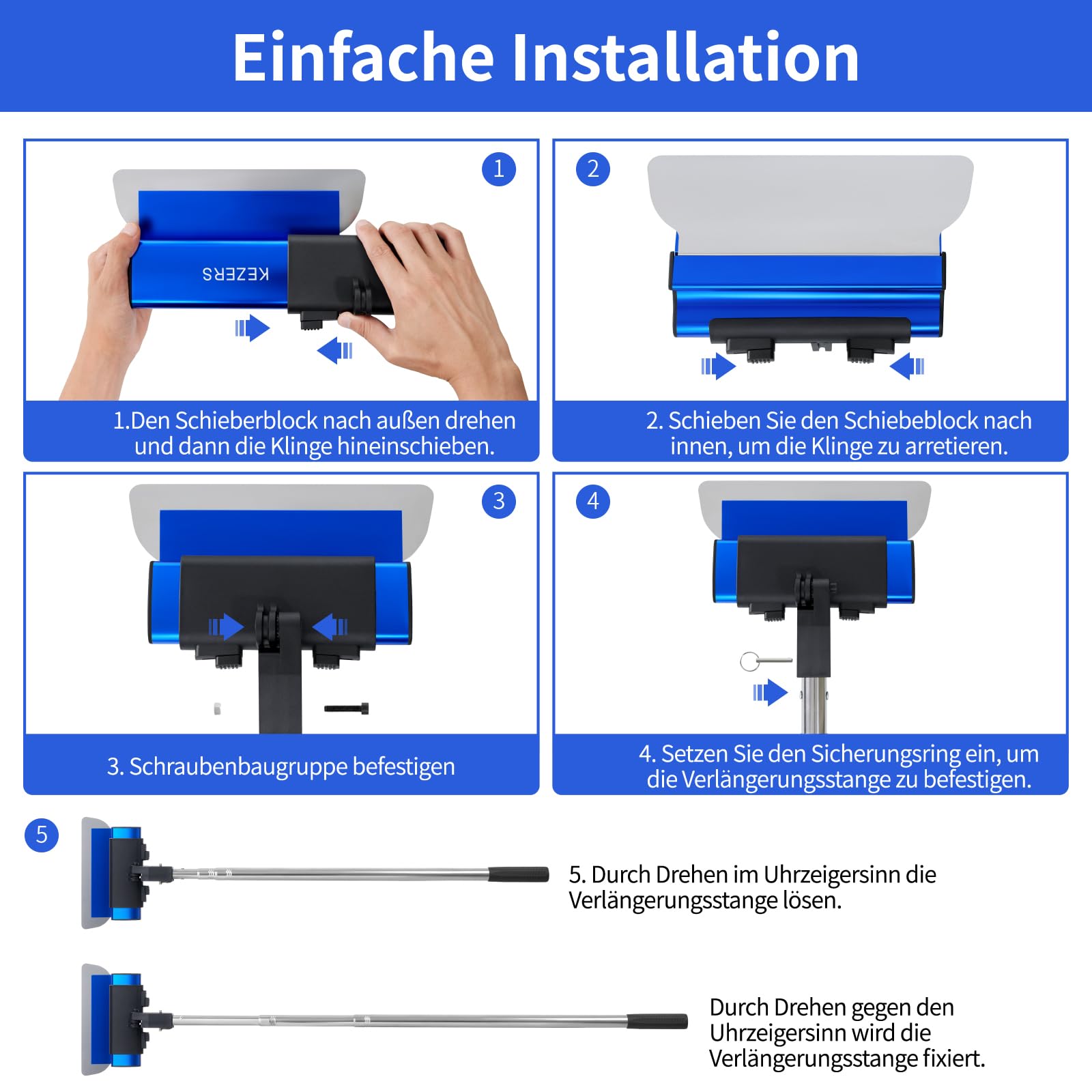 KEZERS Flächenspachtel Set 4-teilig (20 30 40 80cm) | Spachtel Werkzeug im Koffer, Ergonomischer Griff, Teleskopstange, Zum Verputzen von Wänden und Decken