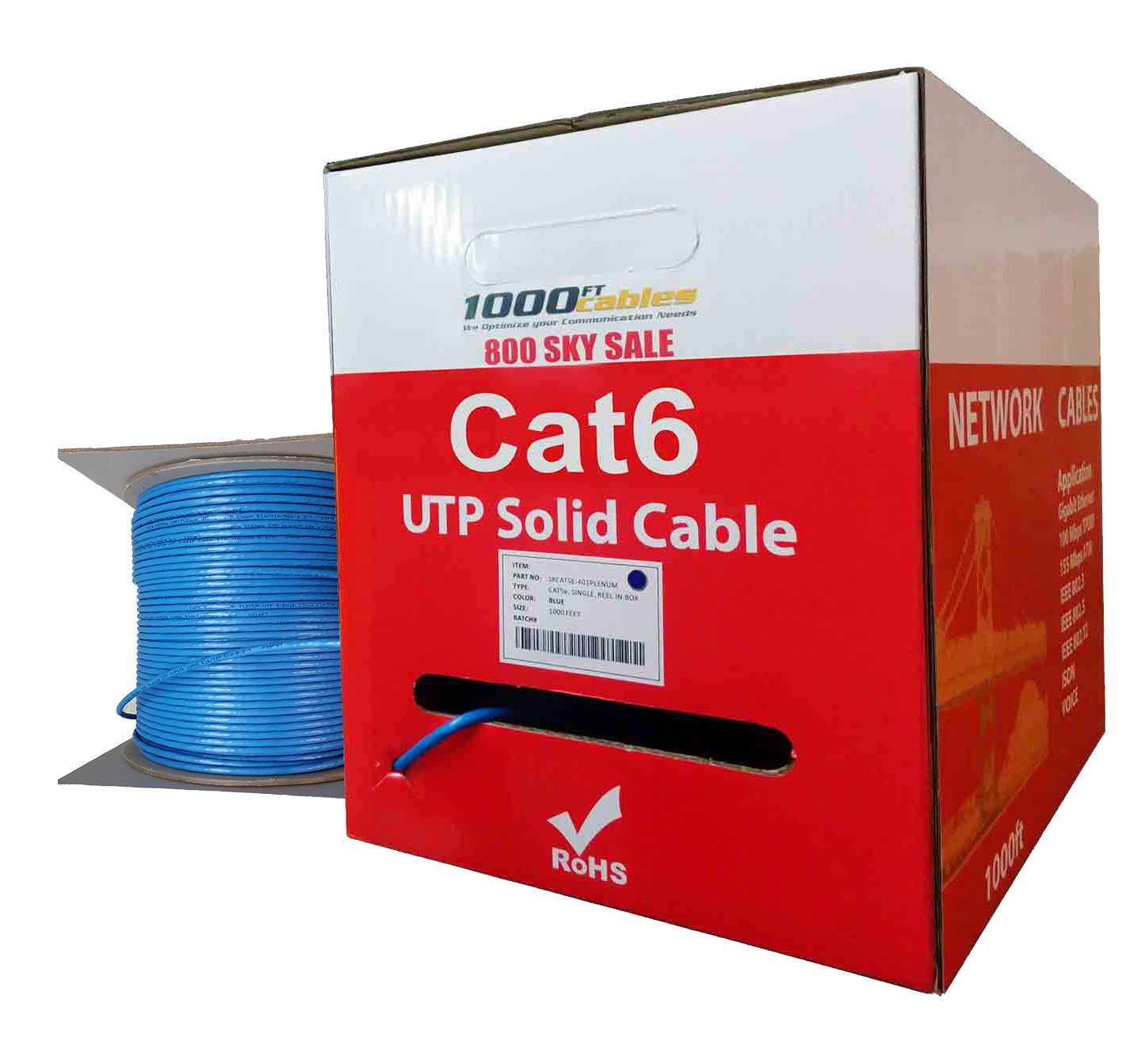 Cat6 Plenum CMP Rated 23AWG (1000 Feet) 550MHz Solid Ethernet Unshielded Twisted Pair (Utp) Networking Cable (Blue)