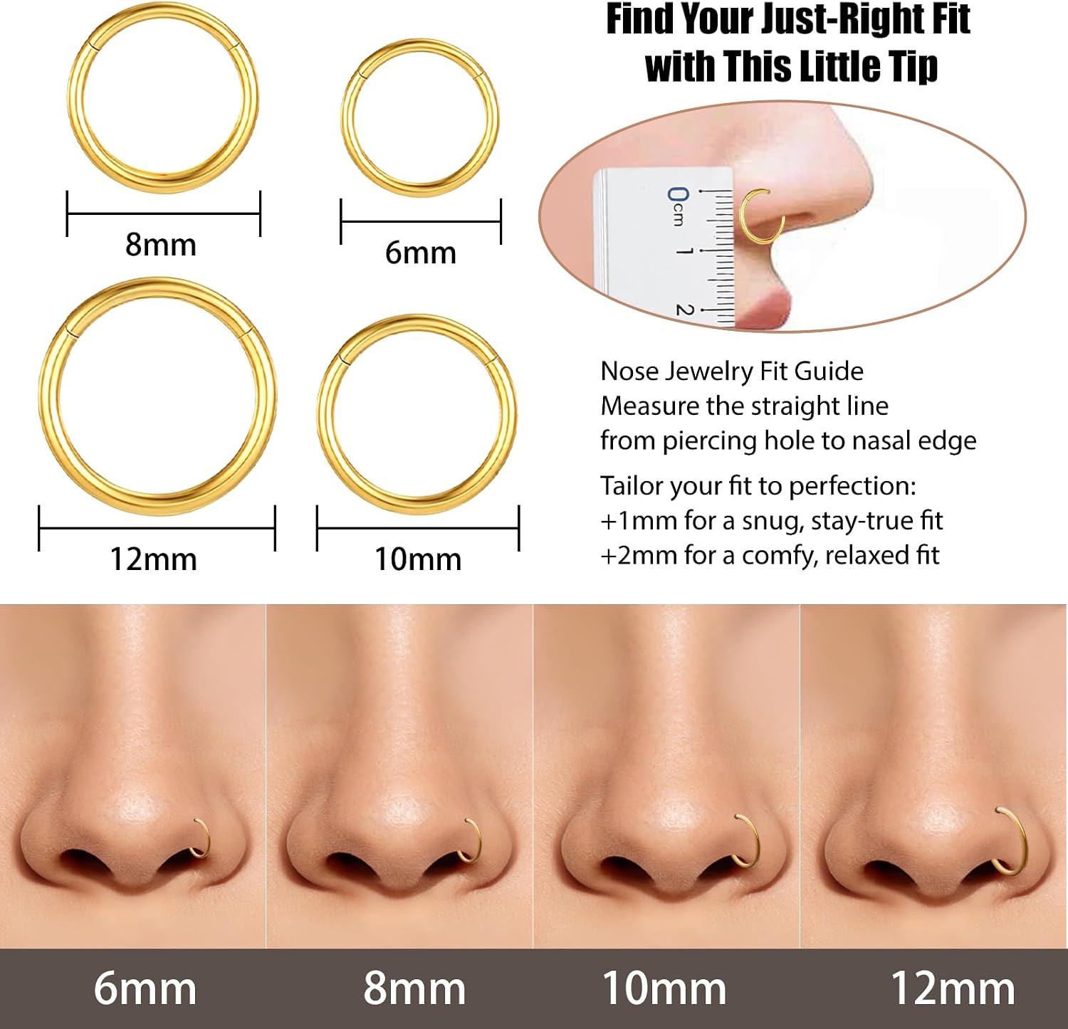 4/8 Pcs Nose Rings 18G Gold Silver Septum for Women Men Surgical Steel | 14K Gold Plated 316L Stainless Steel, Hypoallergenic, Clicker Lip Tragus Cartilage Body Ring, 6mm 8mm 10mm 12mm Hoops Set
