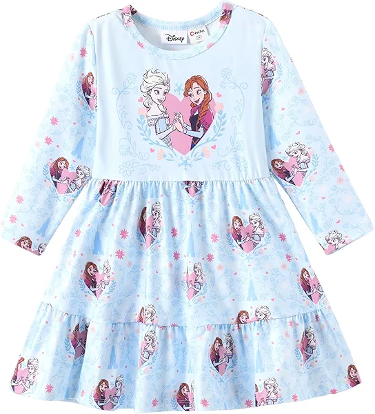 Disney Princess Frozen Elsa Minnie Stitch Floral Toddler Girl Dress A Line Long Sleeve Kids Casual Fall Clothes 2-6 Years