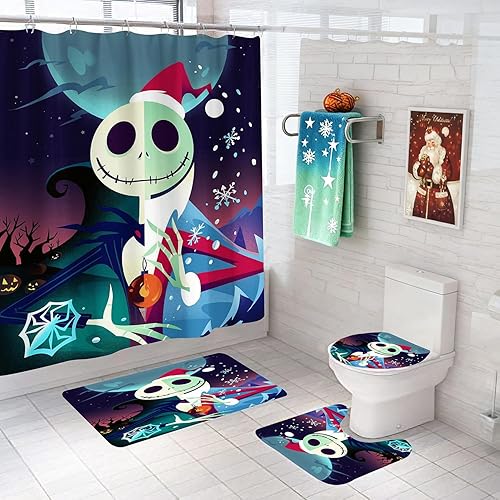 NIGHTMARE BEFORE CHRISTMAS Juego de 4 cortinas de ducha de baño con alfombras, diseño de dibujos animados de Jack Skellington y Sally, juego de