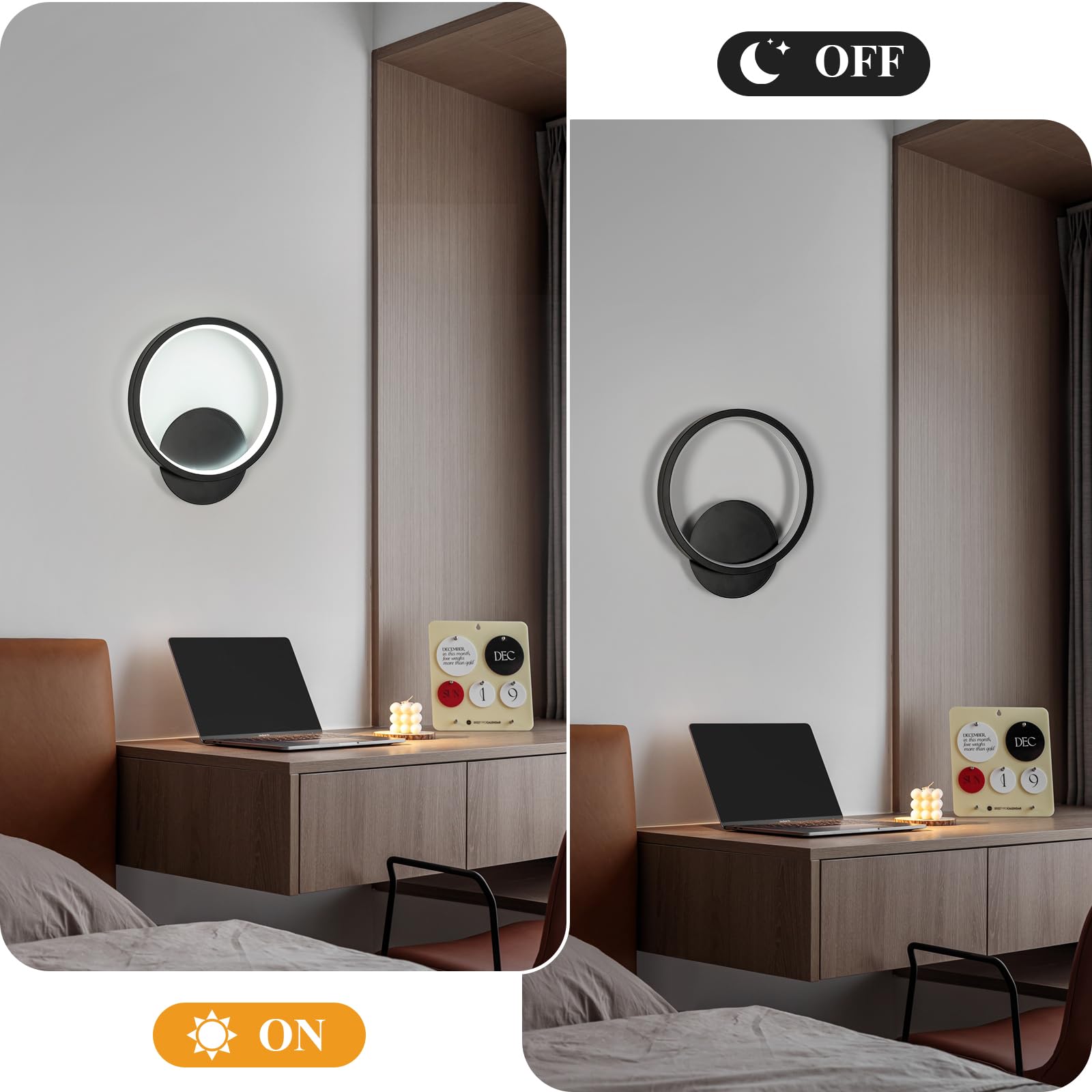 Toolight 2 Pièces Applique Murale 12W 6500K Noir Ø20cm Salon Chambre
