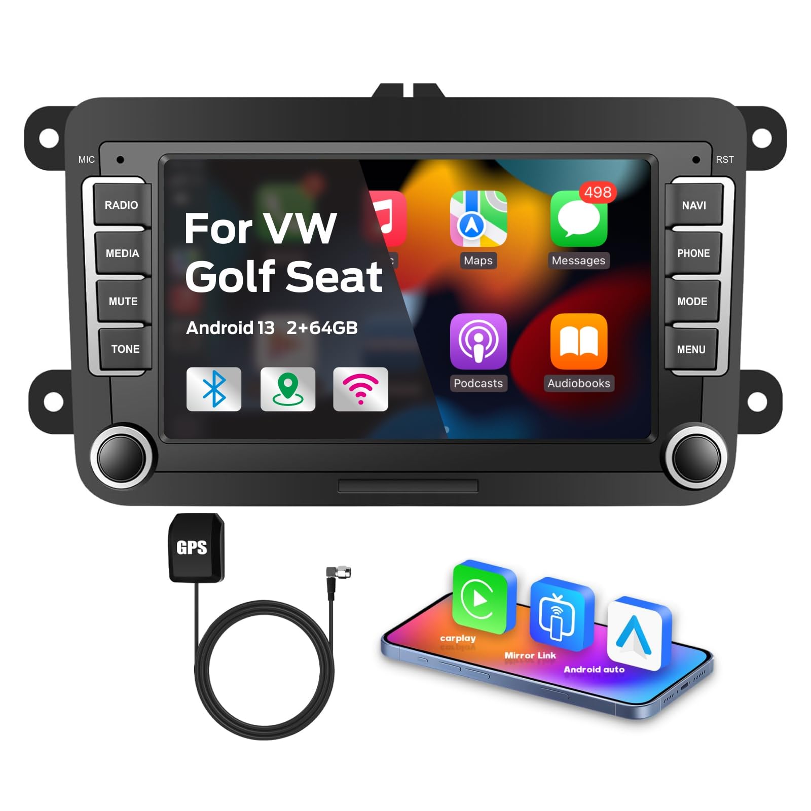 Bluetooth Autoradio mit Bildschirm für VW Golf 5 6 T5 Polo 6r Caddy Passat Touran Seat, Radio mit Navi WLAN FM/AM Dab Radio, Apple Carplay Android Auto Mirrorlink 7 Zoll Android 13 GPS