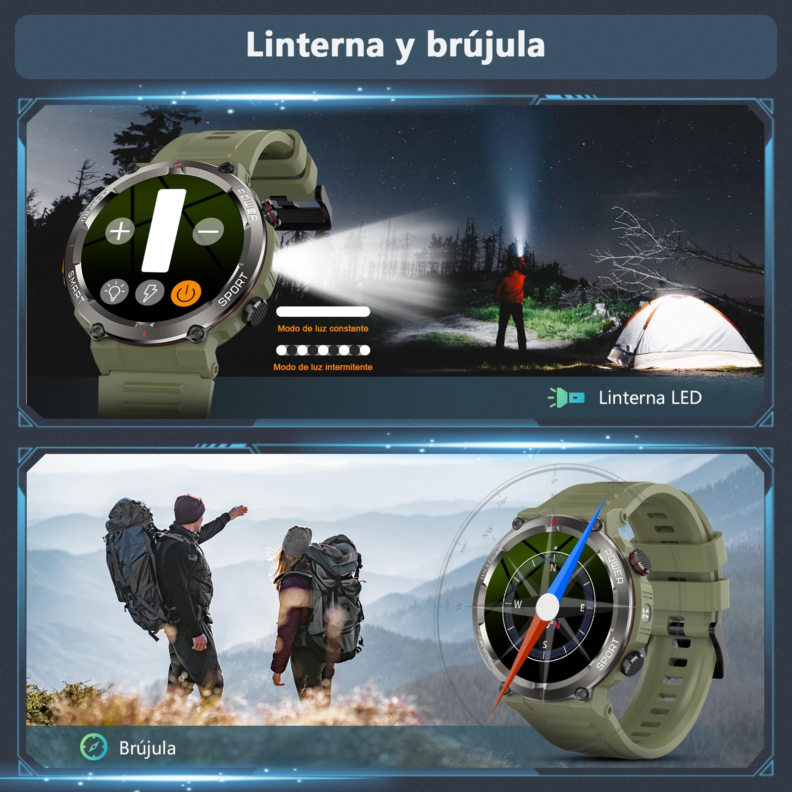 Reloj Inteligente Hombre, Smartwatch Hombre con Linterna y Brújula, 1.45" Smartwatch con Llamadas Bluetooth Monitor Sueño, 2 Correas,Pulsera Actividad Impermeable IP68