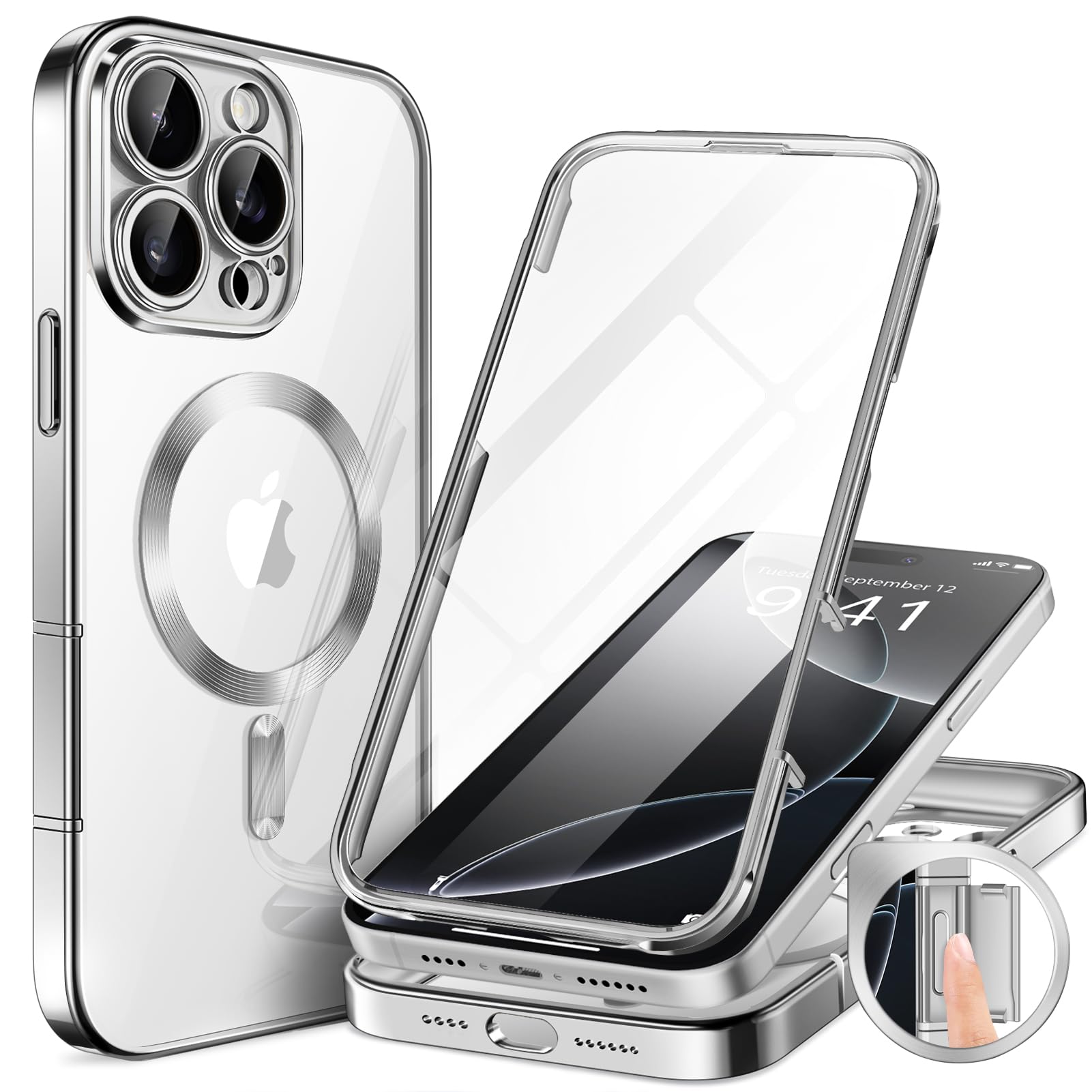 BERFY Magnetic for iPhone 16 Pro Case, Compatible with Magsafe, Built-in 9H Tempered Glass Screen Protector & Upgraded Camera Protection, Full-Body Plating Shockproof Phone Case for 16 Pro 6.3",Silver