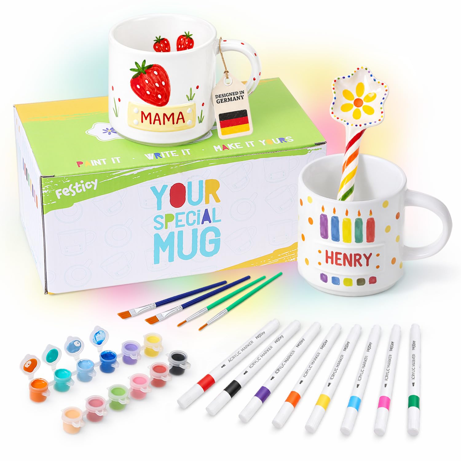 Festicy Ceramic Painting Kit, 2 Mugs, 12 Acrylic Paints I 8 Acrylic Pens