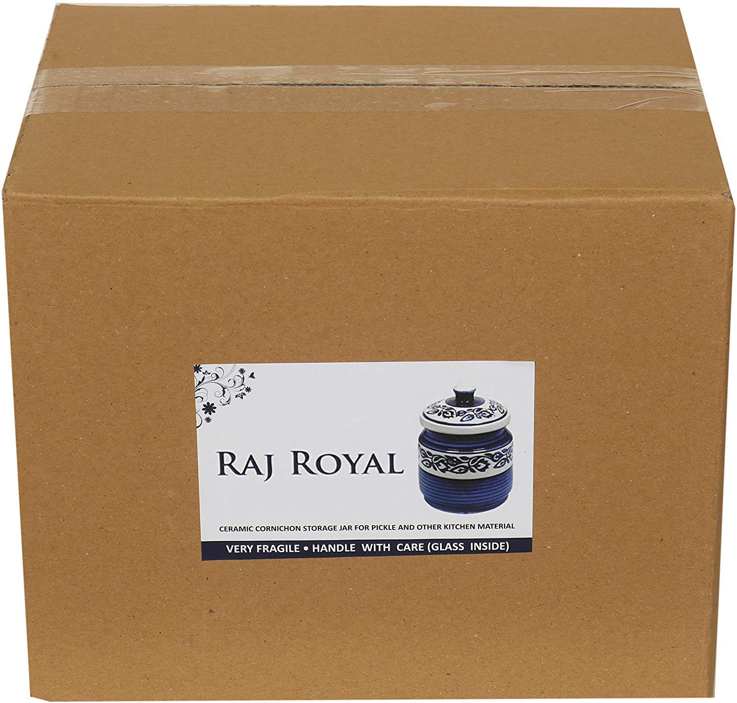 RAJ Royal Hand Painted Ceramic Cornichon Storage Jar, Dry Items White Pottery Dry Food Storage Container Donga with Lid for Kitchen, Home - Multipurpose Storage Canister (2 Kg, 1 Piece, Blue) - Image 5 thumbnail