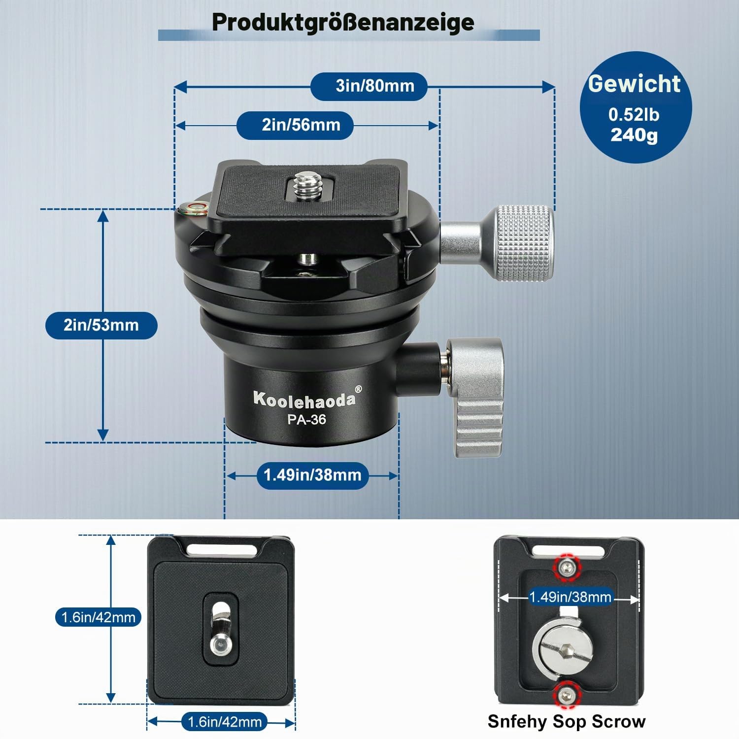 Koolehaoda Stativkopf Nivellier Basis, Kamera Nivellierer, Aluminium, halbe Kugelneigung 15°, mit 1/4" Arca Schnellwechselplatte für DSLR-Kamera, Camcorder, Videokopf, Stativ und Einbeinstativ