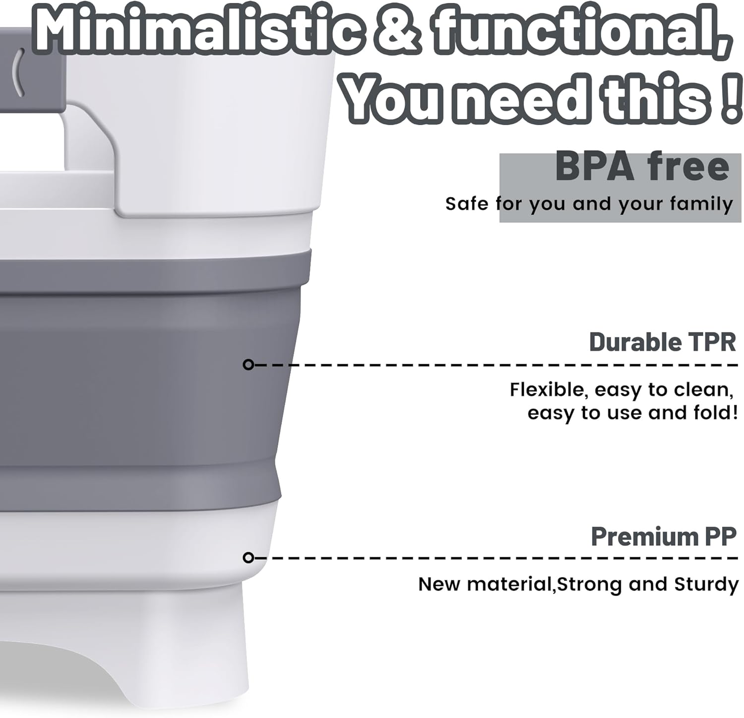 Collapsible Dish Basin with Drain Plug, 9L(2.4Gal) Capacity, Space Saving Portable Sink for Baby bottle, Kitchen, Camping& RV, Gray