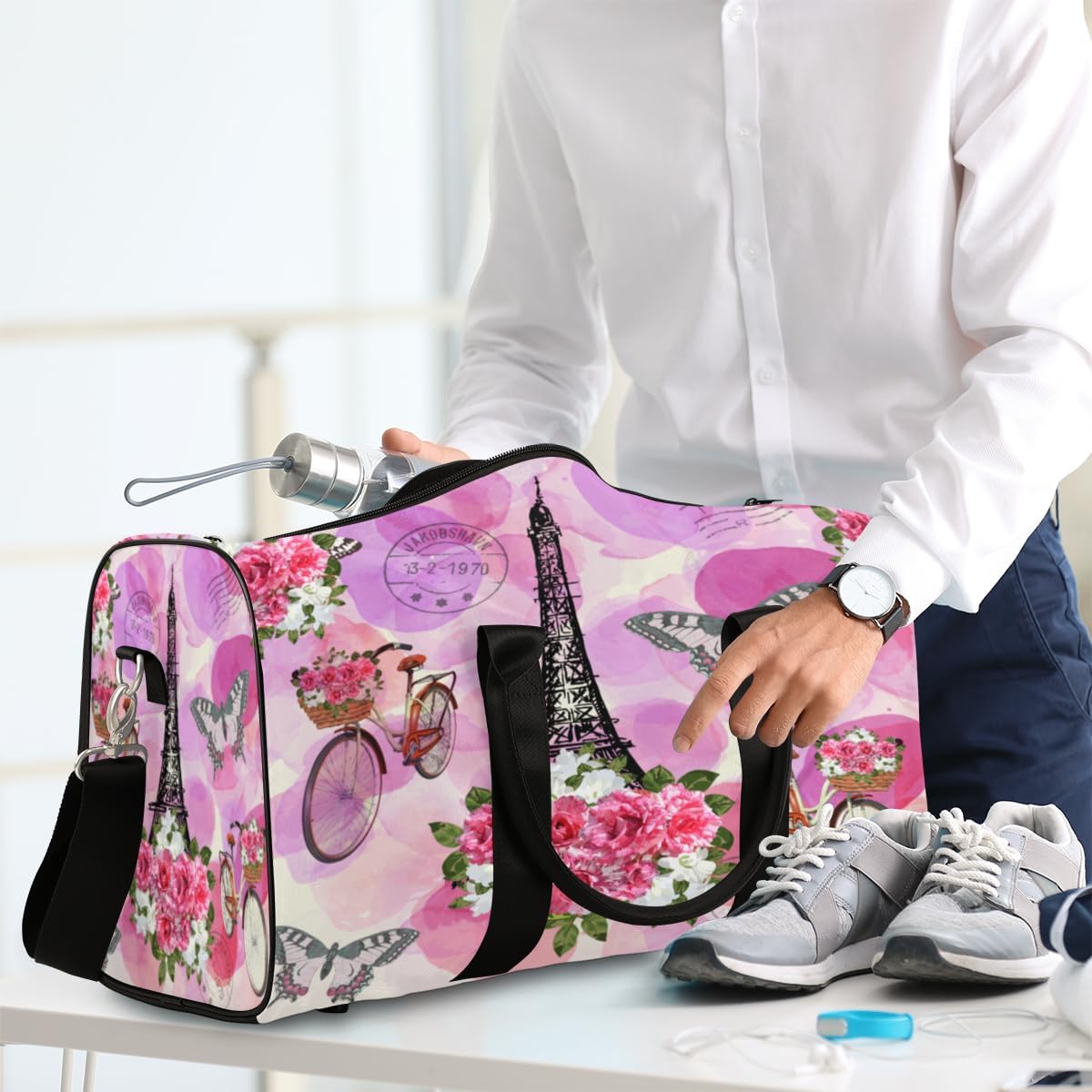 Watercolor Tower Butterfly Bikes Flower Travel Duffel Bag for Women Men Large Capacity Overnight Weekender Bags for Lightweight Waterproof Sport Gym Bag for Workout Yoga Swim