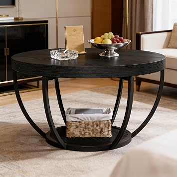 2-Tier Round Wood Coffee Table, Modern Cocktail Table with Metal Frame, Versatile Central Chat Tables for Living Room Office Reception Black