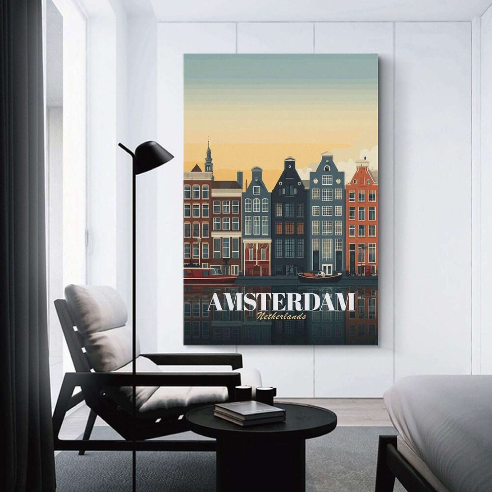 Junmoney Amsterdam Netherlands Cityscape Illustration Wall Art Print, 24x36inch(60x90cm), for Wall Displays, Bedrooms Or Room Updates, A Versatile Canvas Print for Layering