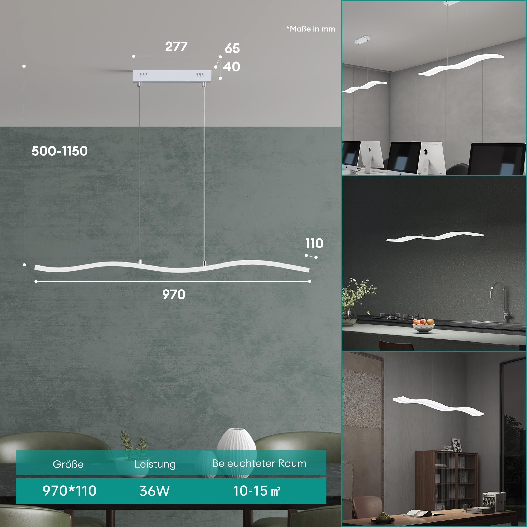 Mai & Mai Lampadario Sospensione 36W, 97 CM, Lunghezza Filo 150 CM, Bianco | Metallo Base, Altezza regolabile, Lampada da Soffitto a Sospensione per Camera da Letto, Cucina e Soggiorno, Bianco, Alivetta