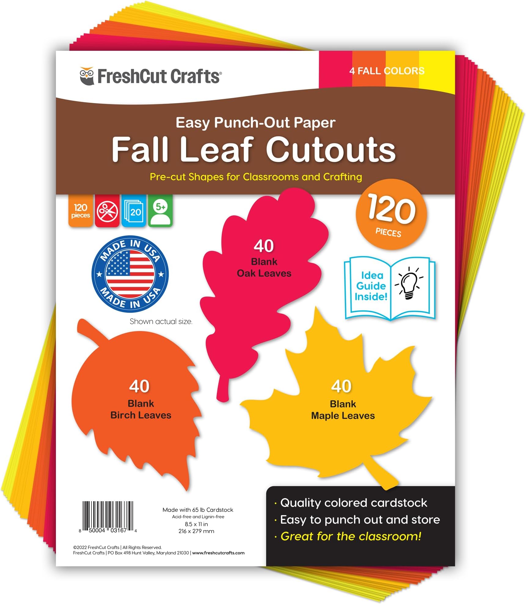 120 Pieces Fall Leaf Paper Cutouts with IDEA GUIDE, 2-Sided US Made Card Stock Punch Out Maple Oak Birch Leaves for Bulletin Boards, Classroom Decor, and Autumn Crafts