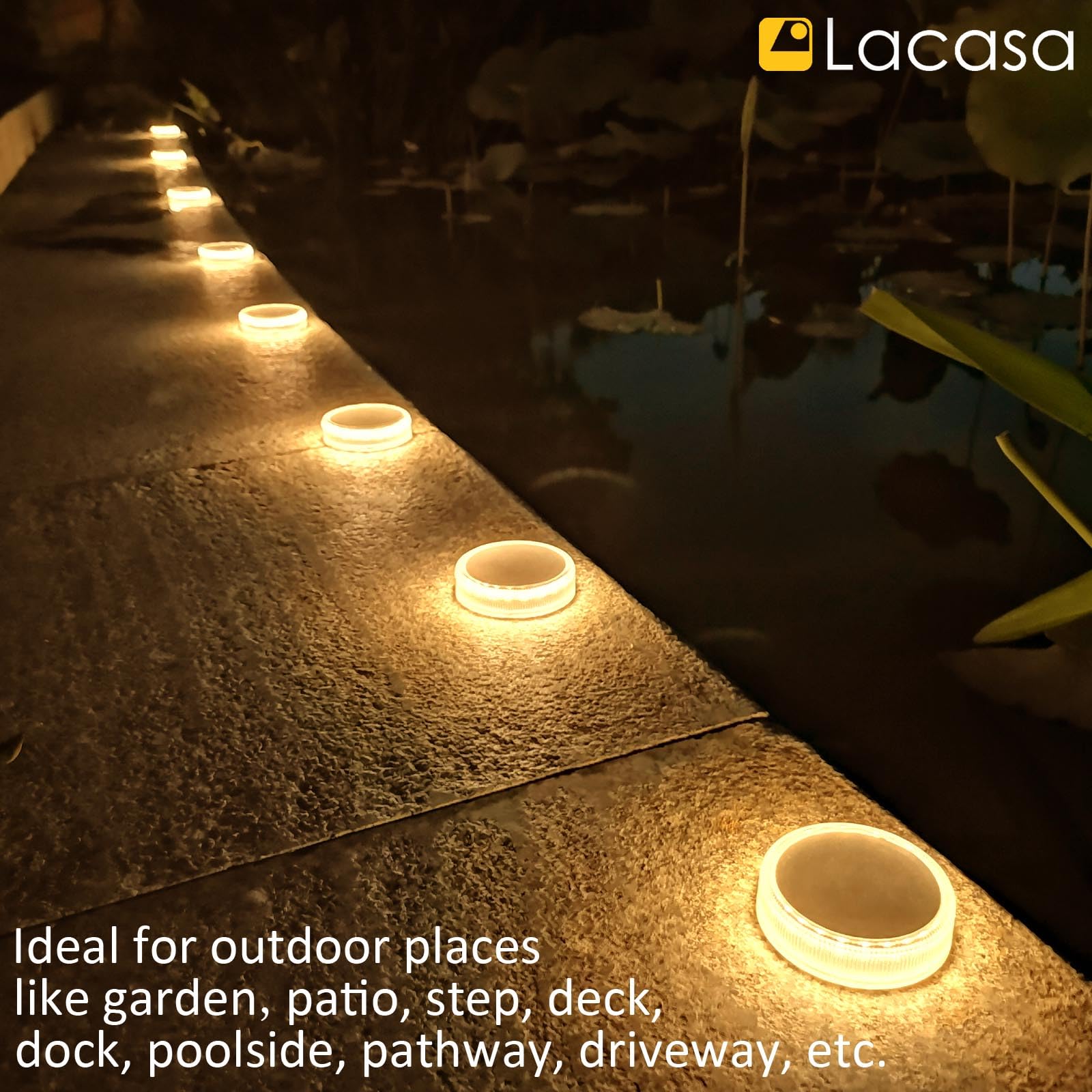 Lacasa Luces Solares Jardin, 4 Pack 30LM LED Lámpara Solar Exterior IP68 Impermeable Luz Solar del Piso Auto ON/OFF Lámparas Solares para Step Camino Deck Dock Valla, Blanco Cálido 2700K Redondo