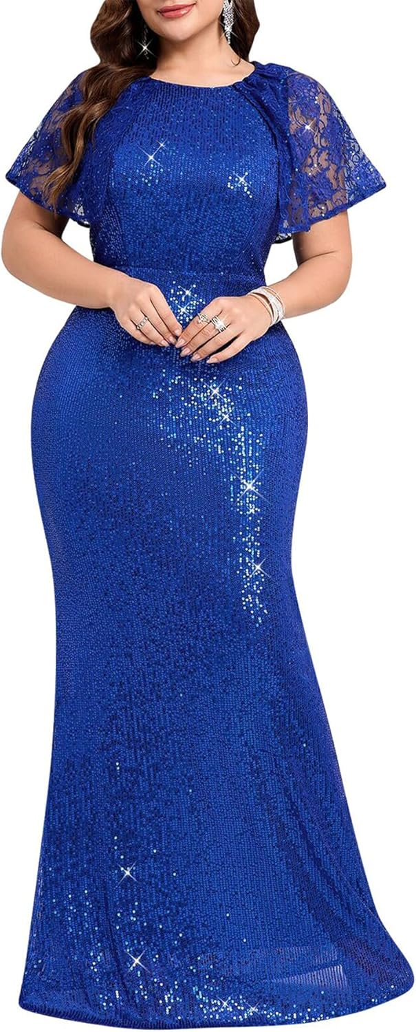 Cololura Women Sexy Elegant Sequin High Split Ruffled Hem Mermaid Party Cocktail Bodycon Formal Evening Gowns Maxi Dress