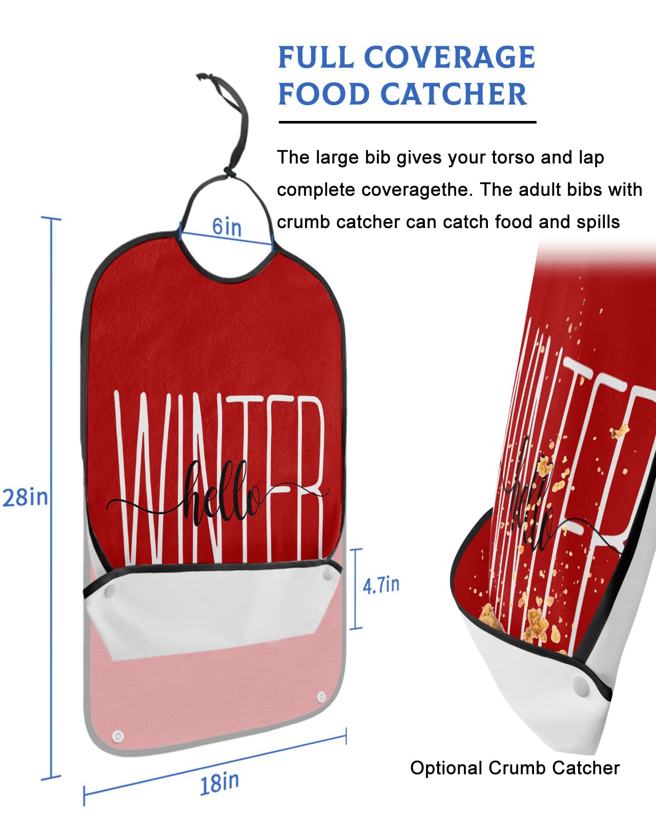 Jolunifun Winter Christmas Adult Bib for Adults Men, Women, Washable & Adjustable Terry Cloth Bib with Crumb Catcher Reusable Waterproof Clothing Clothes Protector Apron Red Holiday Xmas Black White