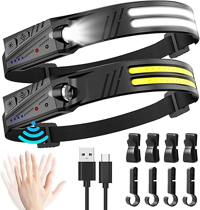 Stirnlampe LED Wiederaufladbar,2 Stück 2000 Lumens Superhell 230°Weitwinkel Weiß Licht Kopflampe mit Sensor,1500mAh Akku IPX5 Wasserdicht,0.14lb Leichtgewichtig Stirnlampen für Camping,Joggen,Wandern