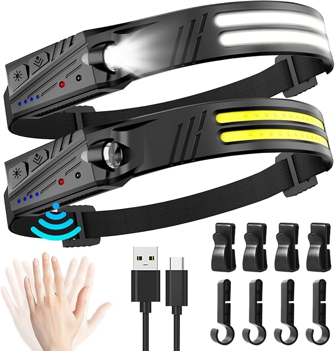 LED Rechargeable Headlamp, 2 Pieces, 2000 Lumens, Super Bright 230° Wide Angle White Light Head Torch with Sensor, 1500 mAh Battery, IPX5 Waterproof, 0.14 lb Lightweight Headlamps for Camping, Jogg...