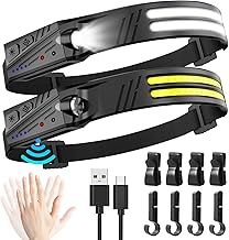 2 x Super Bright 2000 Lumens Super Bright 2 x 230° LED Headlamp, 1500 mAh Rechargeable Front Motion Sensor, Waterproof IPX5 0.14 LB, for Fishing, Camping, Cycling