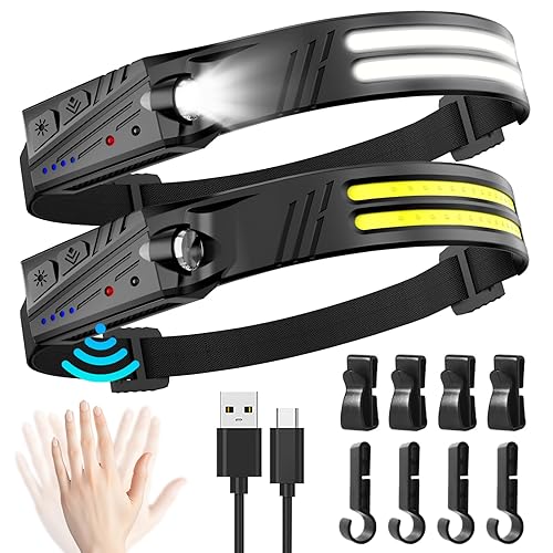 Stirnlampe LED Wiederaufladbar,2 Stück 2000 Lumens Superhell 230°Weitwinkel Weiß Licht Kopflampe mit Sensor,1500mAh Akku IPX5 Wasserdicht,0.14lb Leichtgewichtig Stirnlampen für Camping,Joggen,Wandern