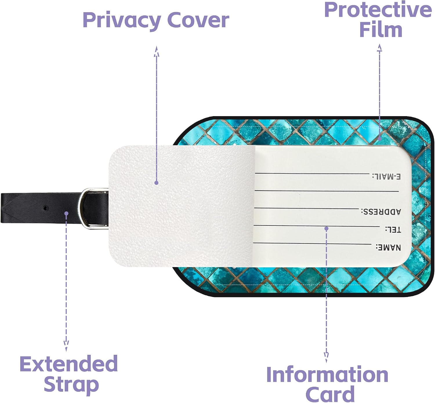 2 Pack Luggage Tags Turquoise Mosaic PU Leather Baggage Handbag Suitcase Tags with Secure Strap Privacy Cover ID Labels,Business Travel Baggage Tag Identifier