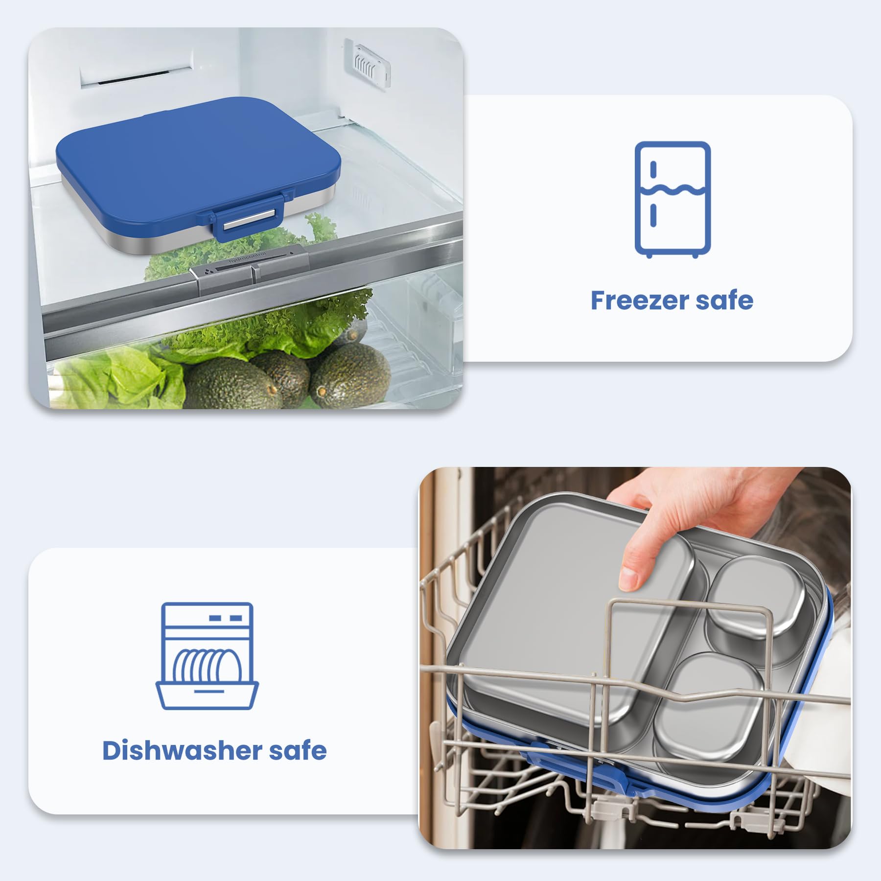 VITONIS Boîte à bento pour enfant 1000 ml Avec3 compartiments en acier inoxydable - Avec couvercle en silicone Anti-fuite Passe au lave-vaisselle Bleu