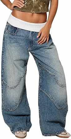 Ptorlio Womens Wide Leg Jeans Baggy Low Rise Y2K Stretchy Streetwear Color Block Denim Pants Trendy