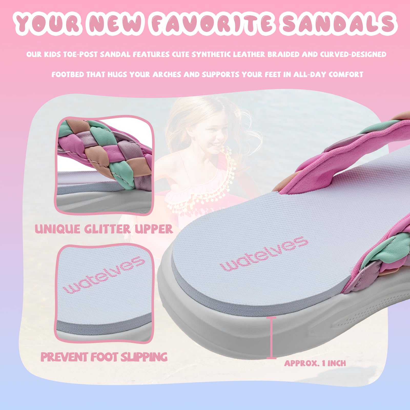 WateLves Chanclas para niñas suela gruesa, purpurina escamada, sandalias antideslizantes de verano