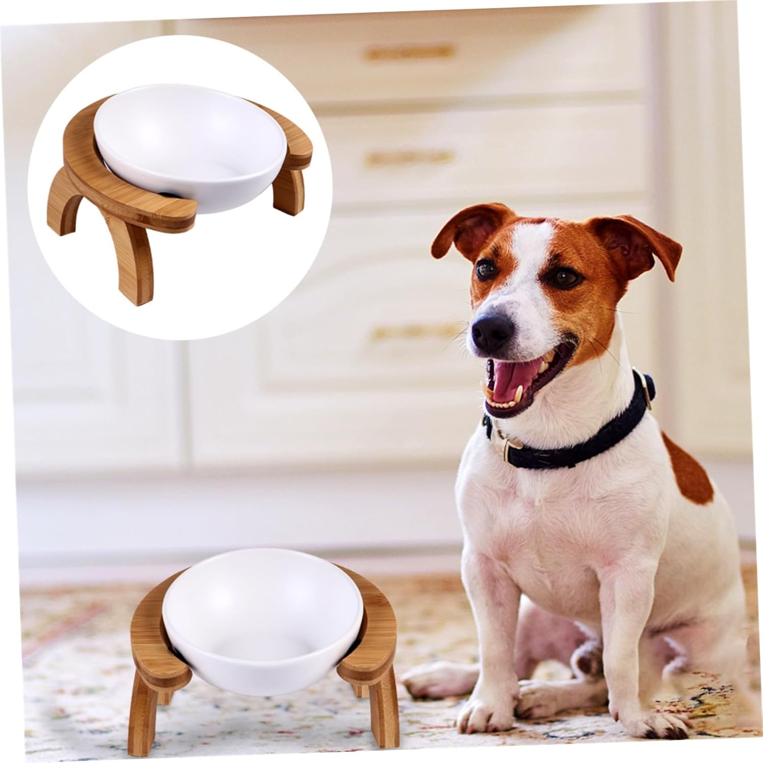 Raised Pet Feeding Bowl with Tilted White Cat Bowl and Sturdy Wooden Anti-Skid Stand Easy to Clean Elevated Feeder for Cats and Pets to Reduce Neck Strain and Prevent Food Spills