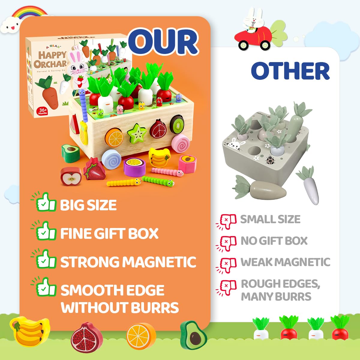 Airlab Montessori Giocattoli Coniglio Legno Bambini, Giochi Magnetici Educativi Sensoriali Ragazzi Ragazze 1 2 3 4+, Cubi Componibili Raccolta Carote Frutta, Regalo Pasqua Compleanno Halloween Natale