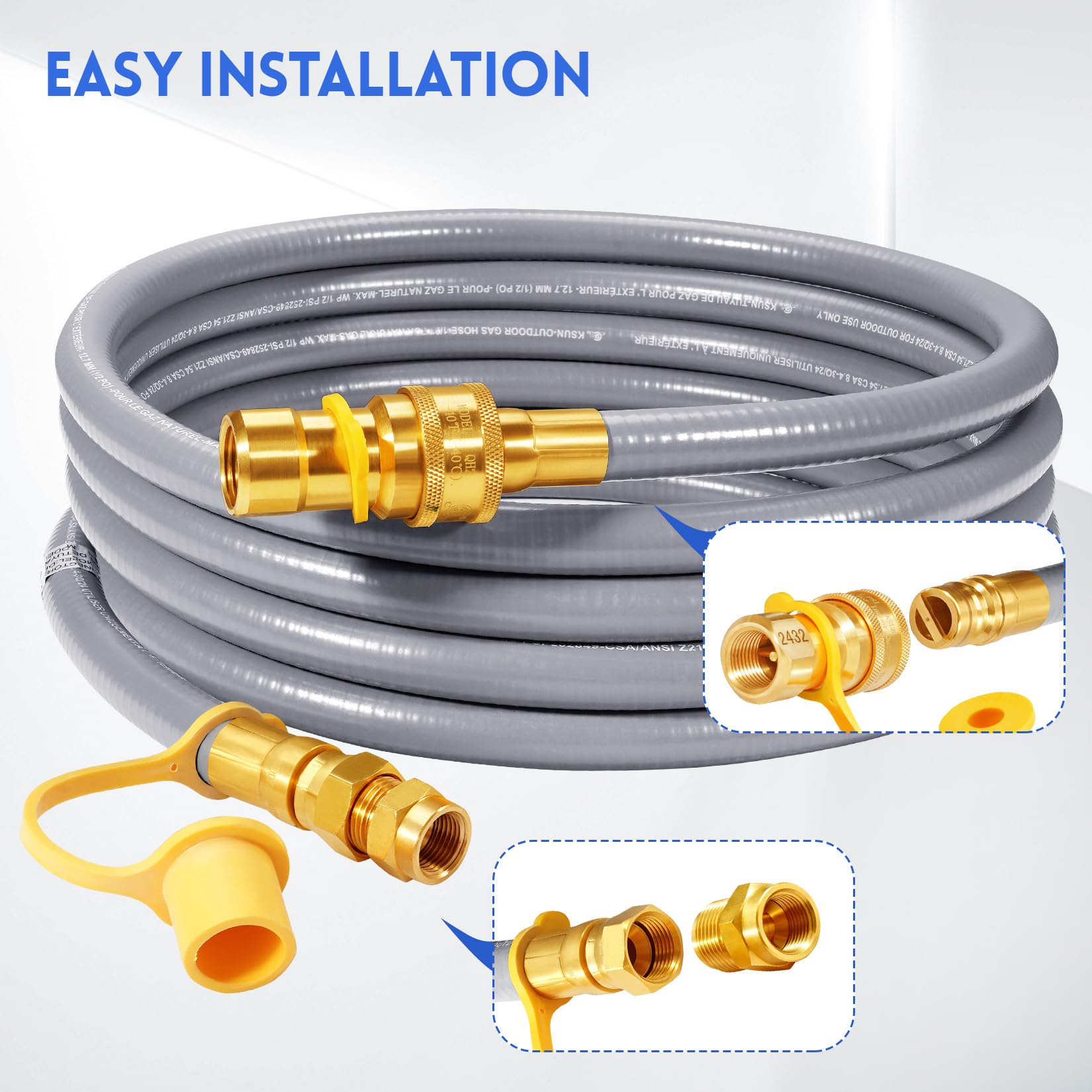 GasSaf Manguera de gas natural de 12 pies de diámetro interior de 1/2 pulgada con conexión rápida, kit de conversión de gas natural para parrilla de gas, generador, calentador de patio y más,