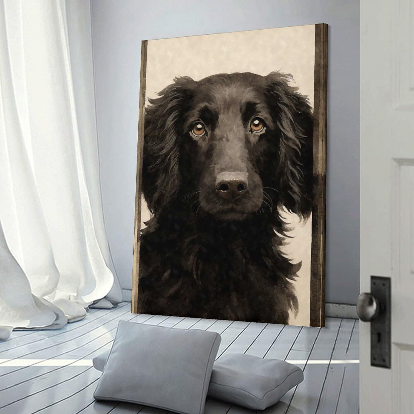 Junmoney Frame-Style-17 Hanging Wall Art Flat Coated Retriever Dog, 20X30inch(50X75cm), For Entryway, Lounge Links Or Small Walls, A Neat Decor Update For Hallways