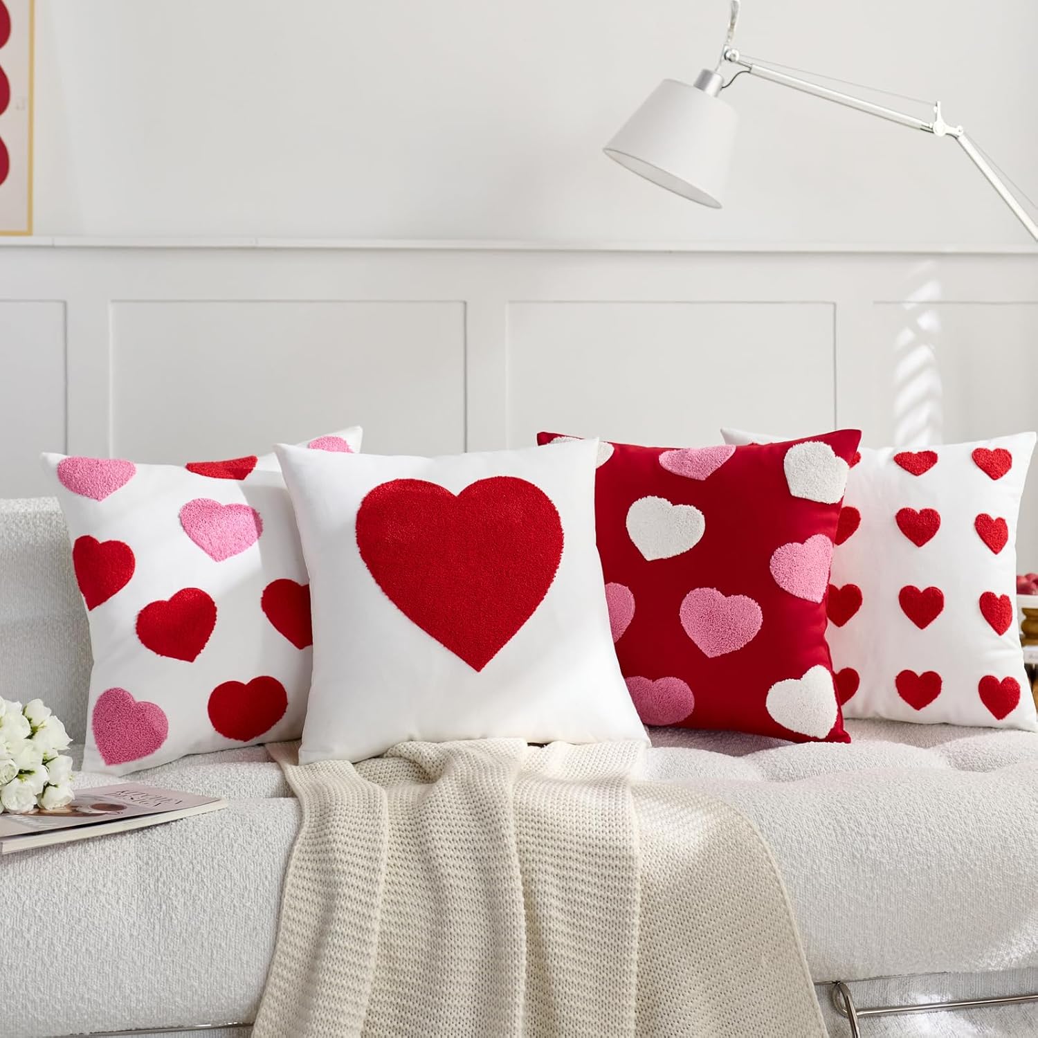 Valentines Day Pillow Covers 20 x 20 Inch Set of 2 Embroidery Heart Pattern Valentine Wedding Decorative Throw Pillow Cover Couch Bedroom Outdoor Indoor Sofa Valentines Decor Red Pink
