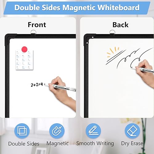 Miniatura 4 de Pizarra blanca magnética, pizarra de borrado en seco de doble cara de 24 x 18 pulgadas, marco de aluminio negro para pared, pizarra blanca colgante,