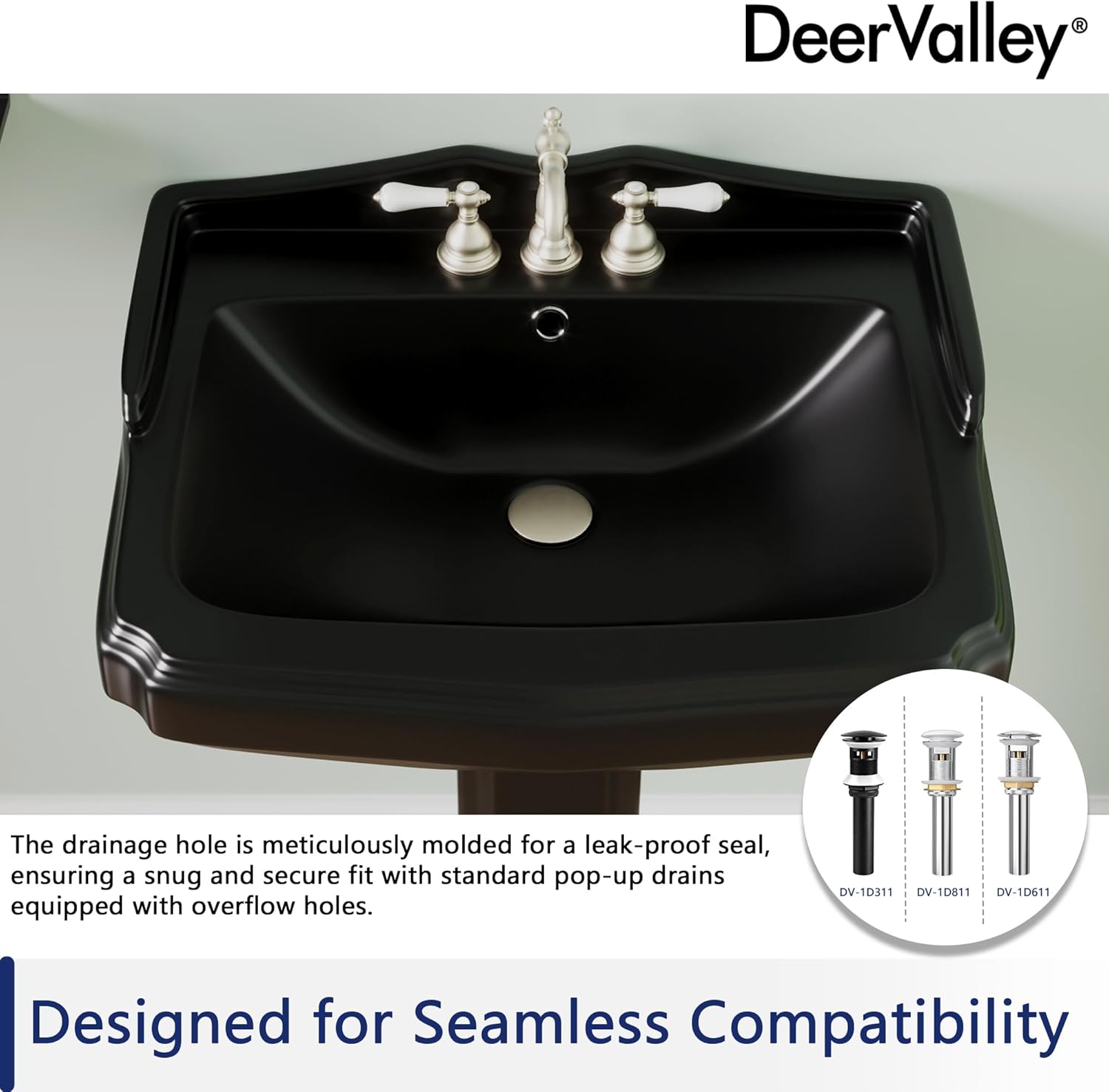 DeerValley Black Pedestal Sink Combo 23x19 Inch, Ceramic Bathroom Vanity with Overflow and Three Faucet Holes
