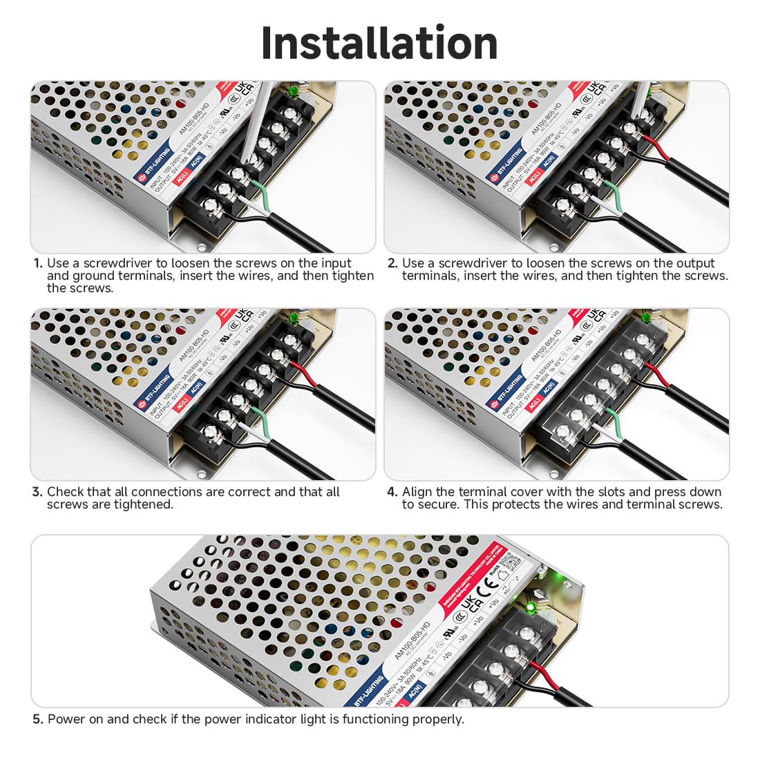 BTF-LIGHTING Alimentatore 90 W 5 V certificato CE alluminio driver LED AC100-240 V a DC5 V trasformatore per striscia LED, stampante 3D, telecamera CCTV, sistema di allarme, radio, progetto