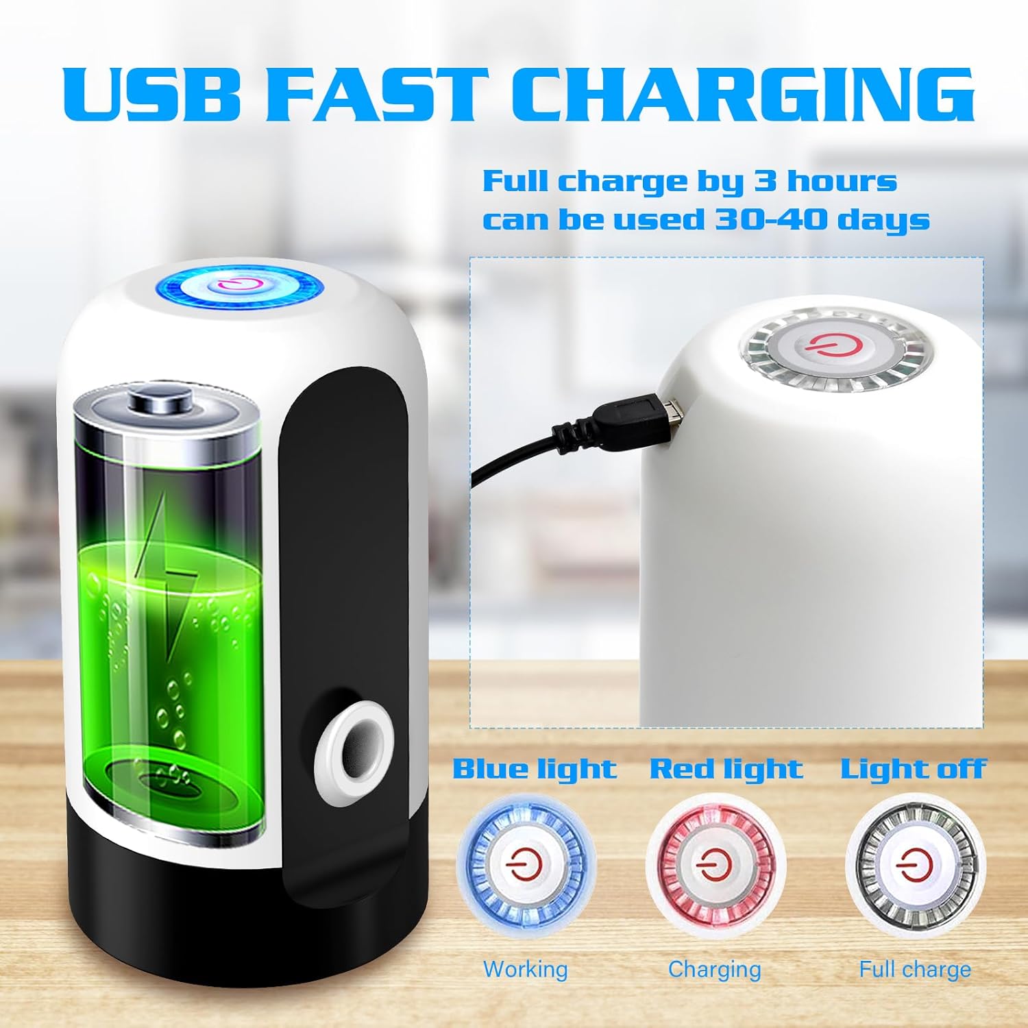 Diagram showing the USB charging port and indicator lights (blue for working, red for charging, light off for full charge) of the GetKen water dispenser.